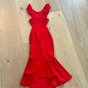 Stunning red dress mermaid bottom midi length with back cut out.